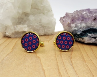 Phish Cufflinks, Men's Gifts That Donate, Phishman Donut Photo Blue and Red Jewelry, Guys Dressy Gold Unique Phish Fan Music Accessories