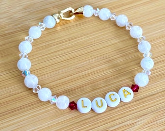 Custom Name Bracelet, Personalized Mother’s Bracelet, Moonstone Bracelet Stylish Everyday Gold and White Bracelet, Strength Jewelry Gifts