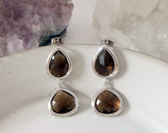 Silver and Brown Earrings Vintage Style Jewelry Evening Date Night Earrings Gift Mom Wife Retro Style Smoky Quartz Dangle Earrings For Her