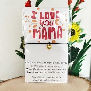 Tarjeta de deseos para el Día de la Madre, pulsera de deseos con un pequeño corazón dorado, joyería que retribuye, regalo de "Te amo, mamá" de parte de un hijo o una hija, tarjeta para mamá