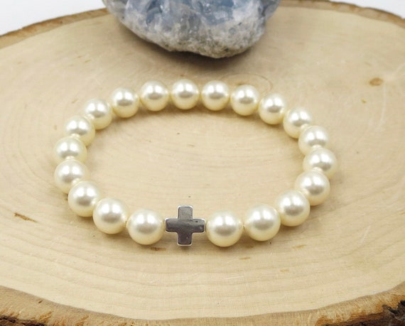 Cream Pearl Bracelet Womens Jewelry Ladies Silver Cross  display picture 3