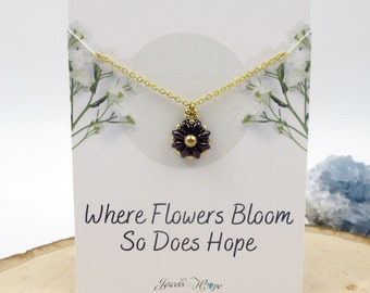 Dark Purple and Gold Flower Pendant Dainty Spring Jewelry For Her Small Floral Layering Necklace for Mom Daughter Friend Flower Girl Gift