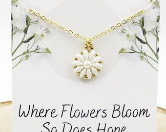 White Matte and 24K Gold Plated Flower Pendant Necklace Dainty Pearl Spring Summer Jewelry Floral Gift for Mom Daughter Bridal Jewelry