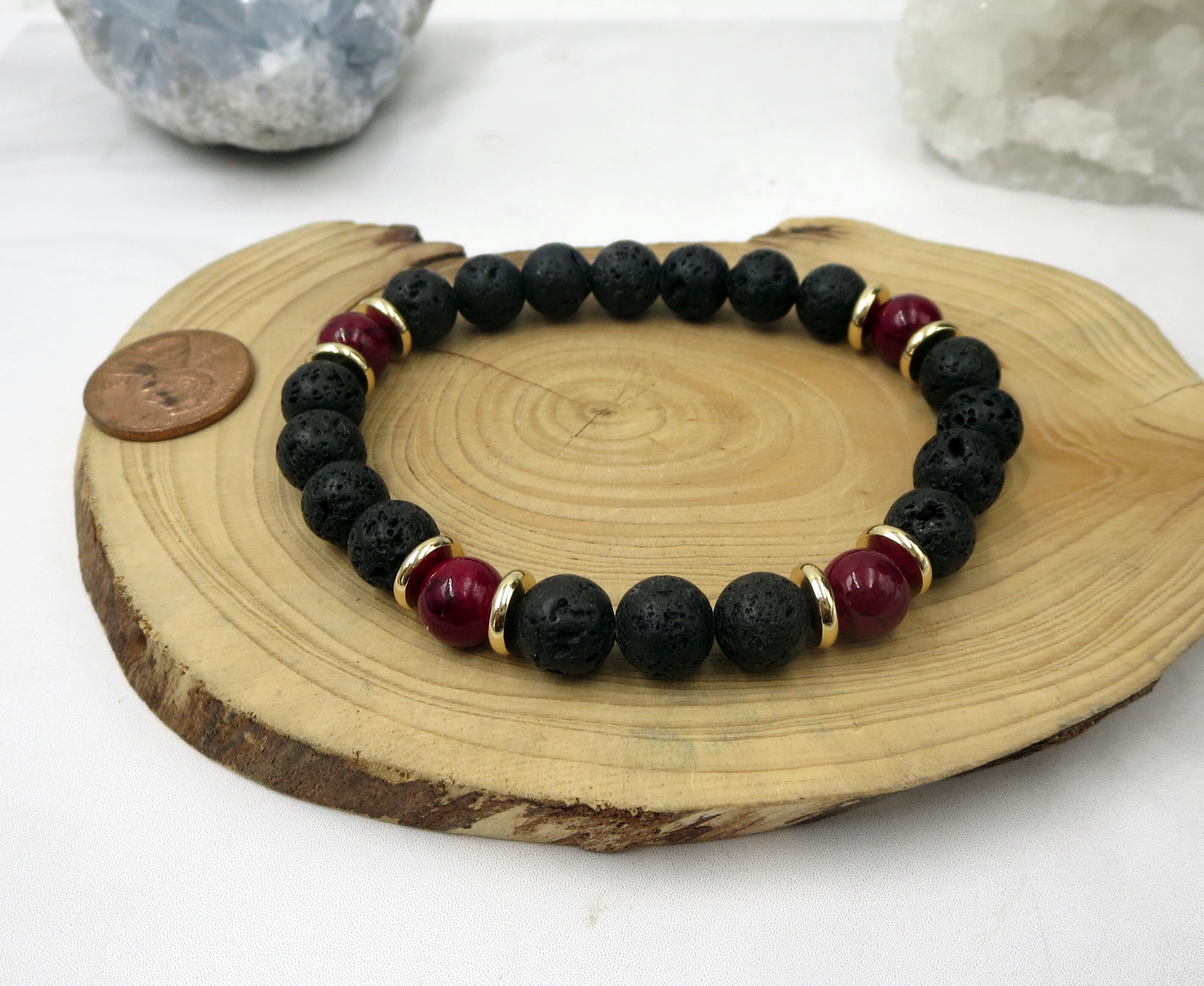 Black and Red Natural Stone and African Recycled Glass Bead Bracelet Stack,  Set of Three Stretch Bracelets | Pebbles at my Feet