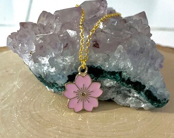 Pink Flower Pendant Gold Tone  Gift for Daughter Granddaughter Niece Friend Lightweight Layering Spring Summer Necklace Easter Basket gift