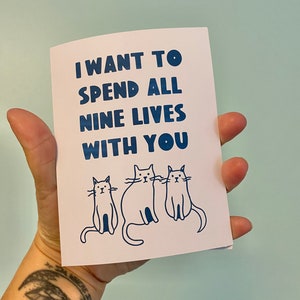 Cute Cat Card, Valentine&#39;s Day Card, To Give to My Wife for Our Anniversary, Greeting Card for Boyfriend, Cats Have 9 Lives, Cat Lovers