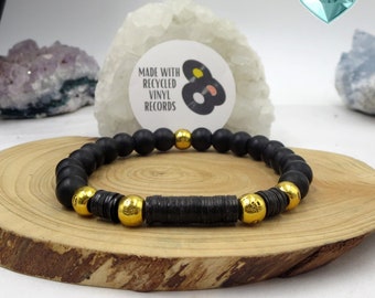 Black Bracelet Stackable Recycled Vintage  Vinyl Record Jewelry Everyday Black and Gold Bracelet For Him or Her, Musician Gift Music Lover