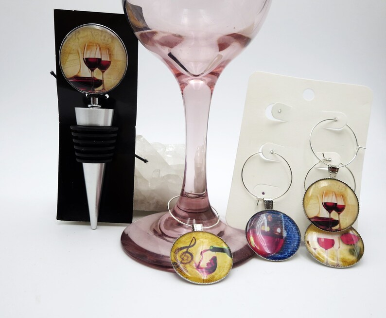 Red Wine Bottle Stopper And Wine Glass Charms Vino Cork And Etsy