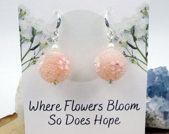 Peach and White Flower Earrings Mother's Day Gift Romantic Feminine Pretty Stylish light Pink and Sterling Silver Lightweight Ball Earrings