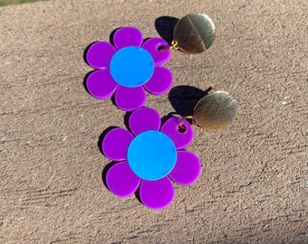 Flower Earrings, 70s Gift, Retro Mod Flower Accessories, Abstract Bold Colors, Lightweight Jewelry, Statement Earrings, Floral Jewelry