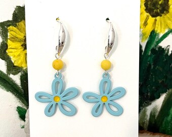 Yellow and Light Blue Flower Earrings,In Style Hippie Boho Chick