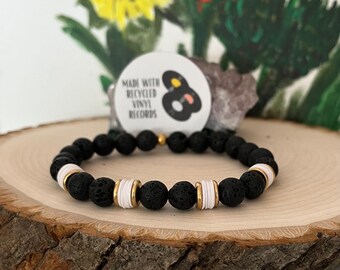 White,Black and Gold Bracelet Lava Stone Jewelry Everyday Dressy Earthy Men's Bracelet For Him or Her Musician Music Lover Women's Unisex