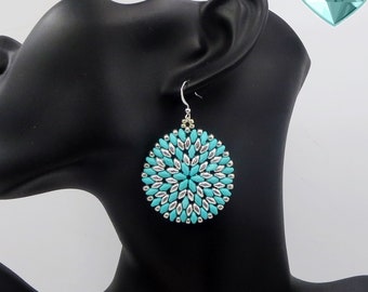 Silver and Turquoise Earrings Large Statement Earrings for Her Fine Silver  Round Matte Teal Earrings Light Blue Women's Big Earrings Unique