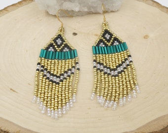 Gold Statement Earrings Gifts that Donate, Womens Unique Beaded Boho Indian Style Black, Green, White Fashion Jewelry Fringe Dangle Earrings