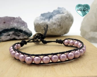 Pink Beaded Wrap Bracelet, Leather Cord, Pretty Stackable Powder Pink Jewelry, Mauve Bracelet Swarovski Pearl Bracelet
