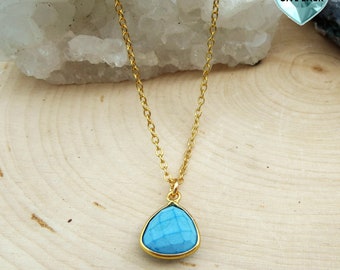 Blue and Gold Pendant Single Layering Everyday Casual Dressy Faceted Framed Turquoise Necklace Gift For Her Light Blue Pendant