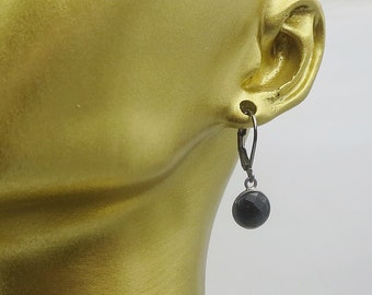 Black and Silver Earrings Dainty Small Lever Back Onyx 925 Sterling Silver Modern Round Teen Earrings Minimal Silver, Minimalist Design