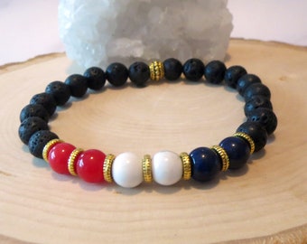 Red White Blue and  Black Lava Stone Stretch Diffuser Bracelet Unisex Team Colors Jewelry USA Men's Women's Essential Oil Bracelet