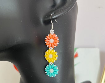 Colorful Flower Earrings Foral Everyday Boho Hippie Pretty Lighterweight Earrings USA Jewelry For Wife Gift for Her Wearable Art Orange Blue