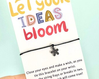 Let Your Ideas Bloom, Wish Bracelet Flower Charm Wish Card Bracelet, Floral Gift for Teen, Inspirational Quote For Women