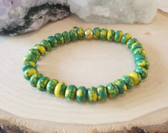 Green and Yellow Bracelet Beaded  Stackable Stretch Team Bracelet for Her Women's Teenager Tie Dye Style Bracelet