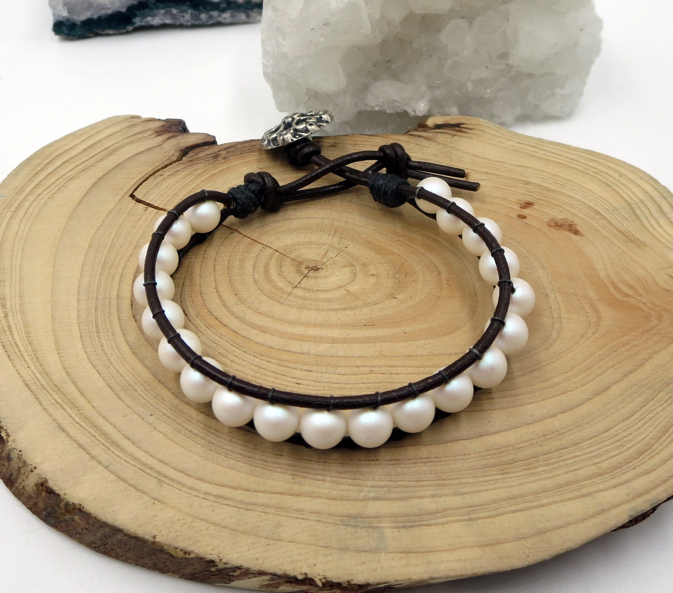 Pearl Bracelet Beaded Wrap Leather Cord Stackable Boho Hippy
