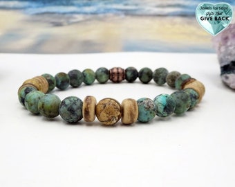 Brown and Blue Green Bracelet for Him or Her Women's Men's Earthy Coconut Brown Recycled Jewelry, Save the Sound Stone Stretch Bracelet