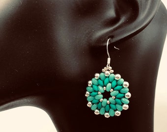 Teal Earrings Two Tone In Style Summer Dangle Earrings Jewelry That Gives Back Round Beaded Sterling Silver Greenish Blue Flower Earrings