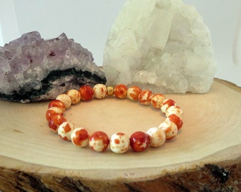 Burnt Orange and White Bracelet Stylish Fall Large Stone Stretch Women's or Men's  Bracelet Cream and Rust Bracelet