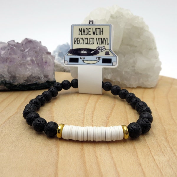 Black and White Lava Stone Stretch Bracelet Gifted to Bethany Joy Lenz Beaded Recycled Jewelry Gold Diffuser Essential Oil Bracelet