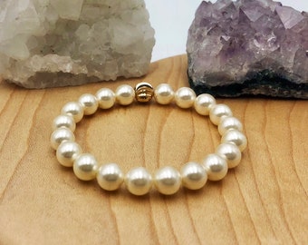 White Pearl Swarovski Stretch Bracelet Women's Jewelry Ladies Gold Bead Bracelet Gift for Girlfriend Mother Stylish Spring Everyday Evening