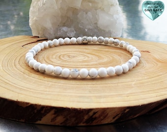 White Thin Bracelet with Sterling Silver Bead Stackable Bracelet Jewelry for Him Gift for Husband Wife Teenager Calming Stone Jewelry