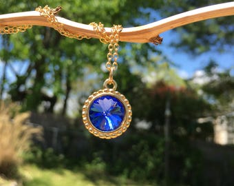 Blue and  Gold Necklace for Women, Bright Blue Pendant, Sapphire Crystal Jewelry, September Birthstone Gift For Her, Unique Jewellery