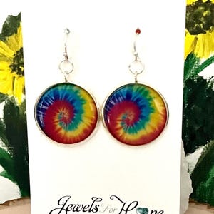 Tie Dye Earrings, Women's Rainbow Jewelry, Boho Hippie Style Large Silver Earrings 60's Style Hippy Festivals Dangle Earrings For Her