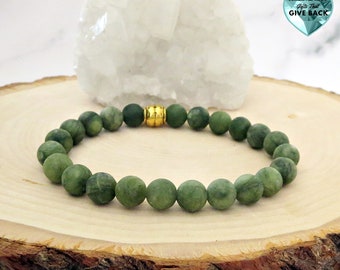 Green Matte Bracelet Beaded Earthy Olive and Gold Stackable Stretch Bracelet Men's Women's Everyday Causal Stone Bracelet