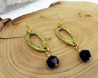 Gold and Black Earrings Woman's Long Dangle Onyx Earrings Everyday Casual Dressy Edgy Street Style Contemporary Earrings           Earrings