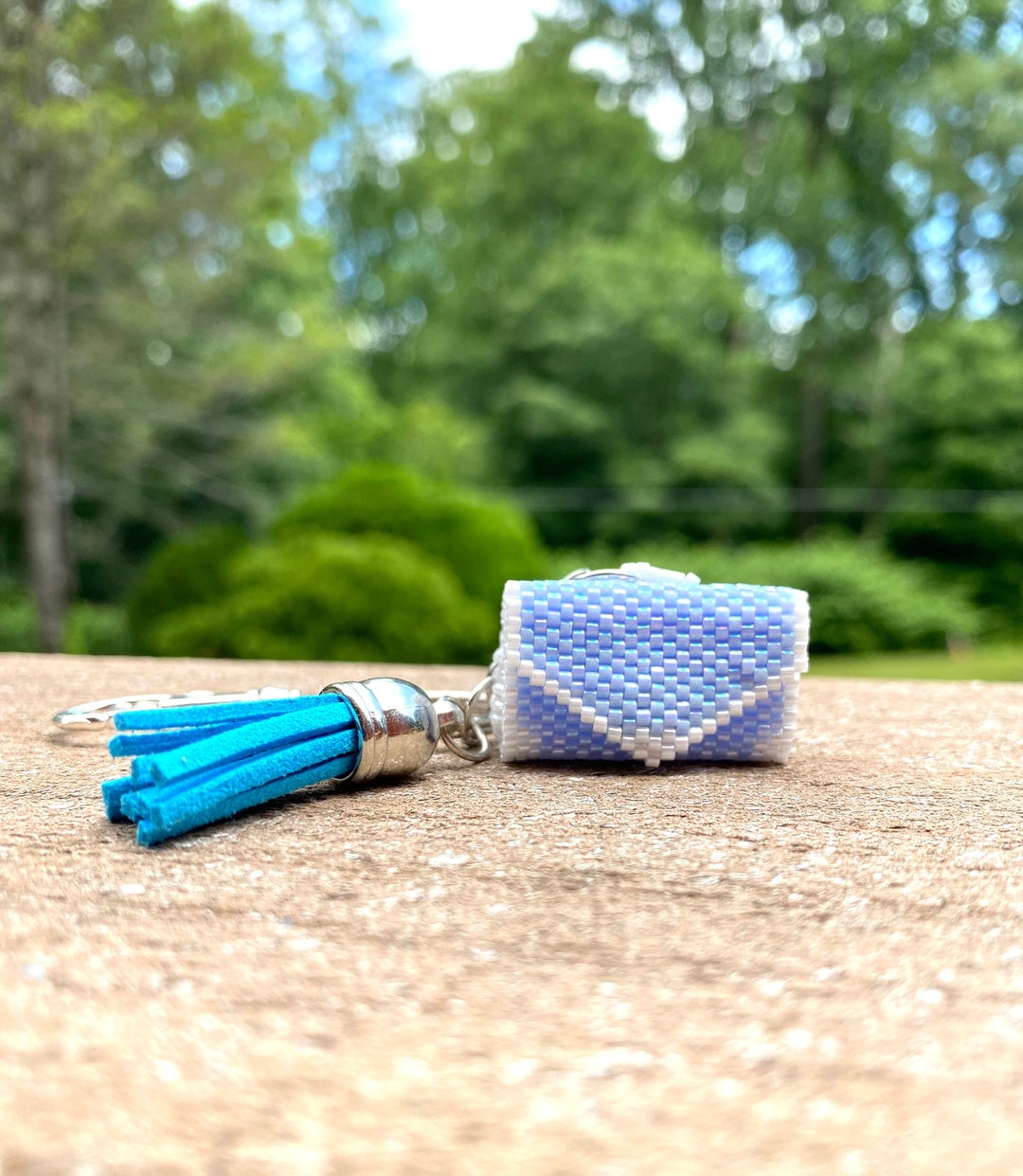 Miniature Beaded Bag Charm, Baby Blue Tiny Purse Ring, Handbag Keychain