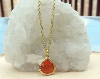 Orange and Gold Pendant Single Layering Everyday Casual Dressy Faceted Framed Necklace Gift For Her Fall Pendant