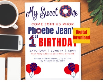 Phish My Sweet One Donut Birthday Party Invitations, DIGITAL DOWNLOAD, First Birthday Party Invite, Phish Donuts, Donut 1st Birthday