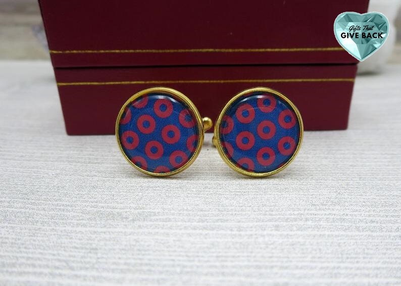 Phish Cufflinks, Men's Gifts That Donate, Phishman Donut Photo Blue and Red Jewelry, Guys Dressy Gold Unique Phish Fan Music Accessories 