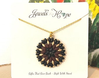 Boho Burgundy Bronze and Black  Pendant Medium Round Women's Unique Necklace Gift for Mother Wife  Auntie Fall Colors Jewelry Gives Back