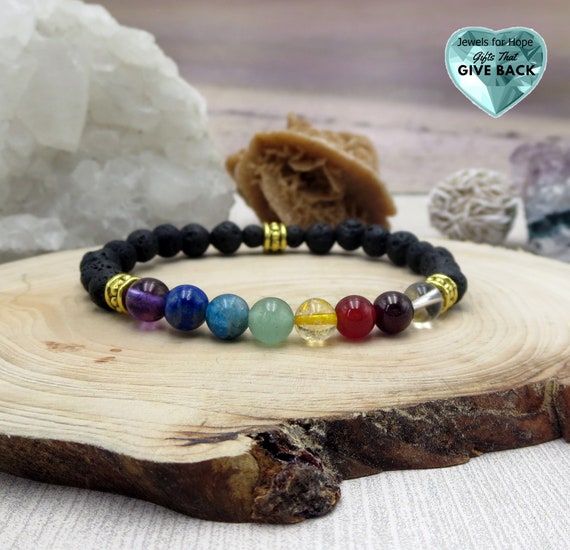 Natural Black Lava Stone & Chakra Heart Bead Bracelet