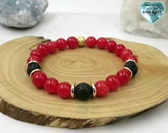 Red and Gold Bracelet Diffuser Jewelry Bright Red Cherry Stylish Large Black Lava Stone Stretch Women's Bracelet Red Jewelry for Her