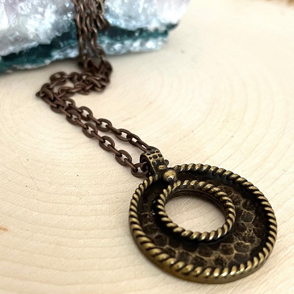 Bronze Necklace, Boho Hippie Jewelry Round Antique Bronze Circle  Pendant Men's Women's Layering Bohemian Style Necklace