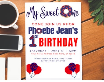 Phish My Sweet One Donut Birthday Party Invitations, Confetti First Birthday, Phish Donuts, 1st Birthday Party Invite, Custom, Personalized