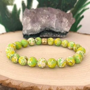 Lime Green  Yellow and Cream Bracelet Beaded Trendy Color Gold Stackable Stretch Bracelet Gift  for Her Bright Jewelry Light Green