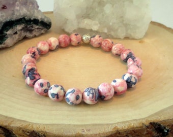 Pink and Grey  Bracelet Stylish Large Stone Stretch White and Soft Pink Women's Bracelet Boho Unique Fashion Jewelry for Her