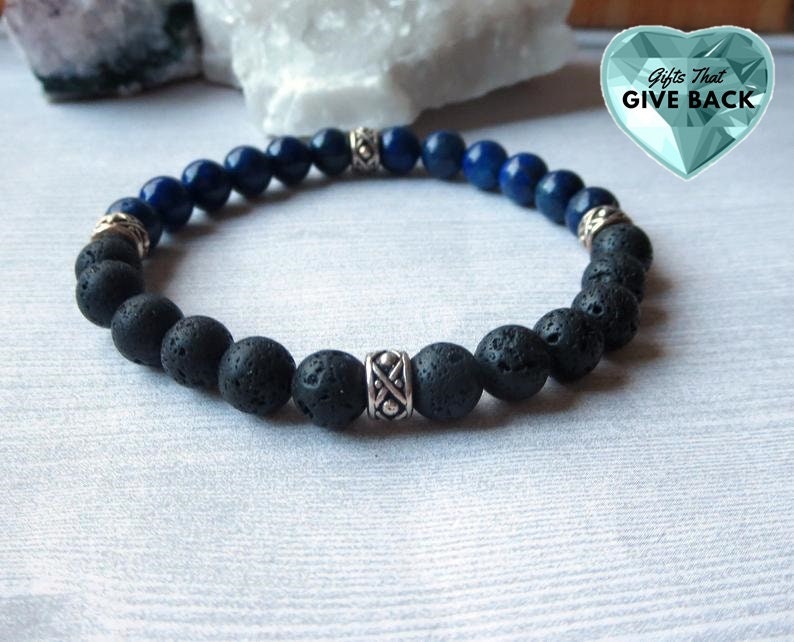 Blue Black Bracelet As Seen On Will Kemp Self Care for Men Anxiety Aromatherapy Healing Stretch Diffuser Unisex Stackable Lava Rock Bracelet