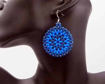 Royal Blue Matte Beaded Large Earrings Artsy Gift that Gives Back