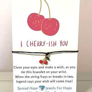 Cadeau bracelet de souhaits cerise, bracelet à breloques or et rouge, petite amie, meilleure amie, partenaire, aide-soignante, infirmière, jolie carte de bracelet cordon